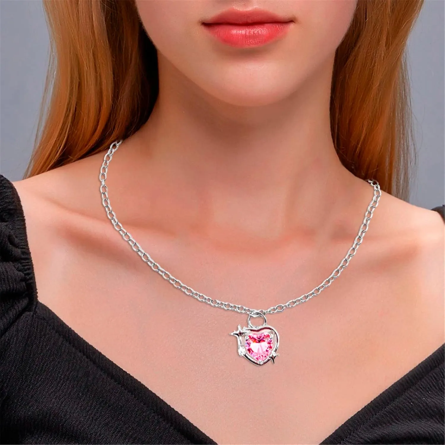 Dainty Choker Necklace for Women Peach Galaxy Love Necklace Women's Light Luxury Small High Grade Sense Lnlaid Zircon Collar Chain Paperclip Minimalist Chain Jewelry Gift (Pink, One Size)