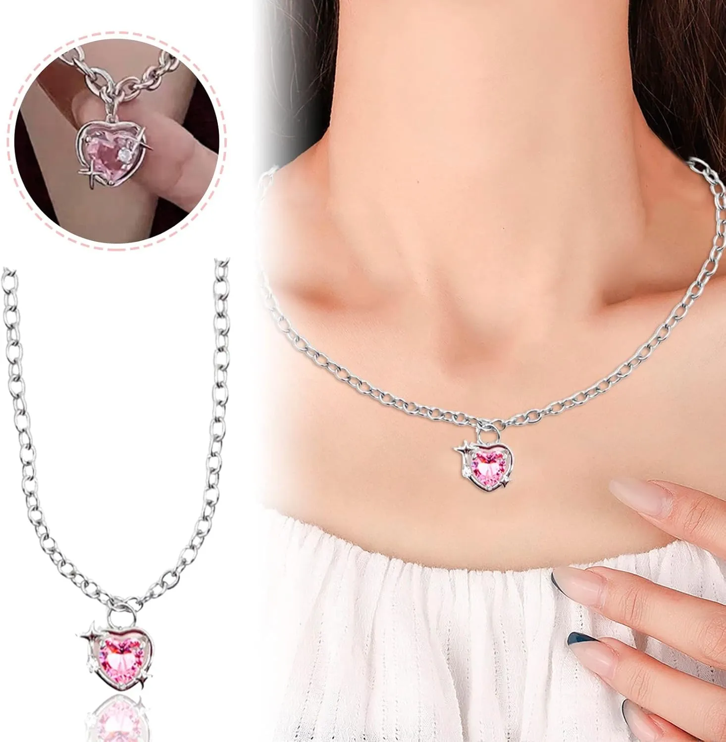 Dainty Choker Necklace for Women Peach Galaxy Love Necklace Women's Light Luxury Small High Grade Sense Lnlaid Zircon Collar Chain Paperclip Minimalist Chain Jewelry Gift (Pink, One Size)