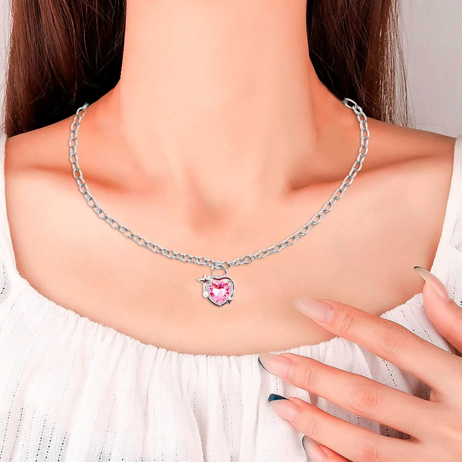 Dainty Choker Necklace for Women Peach Galaxy Love Necklace Women's Light Luxury Small High Grade Sense Lnlaid Zircon Collar Chain Paperclip Minimalist Chain Jewelry Gift (Pink, One Size)