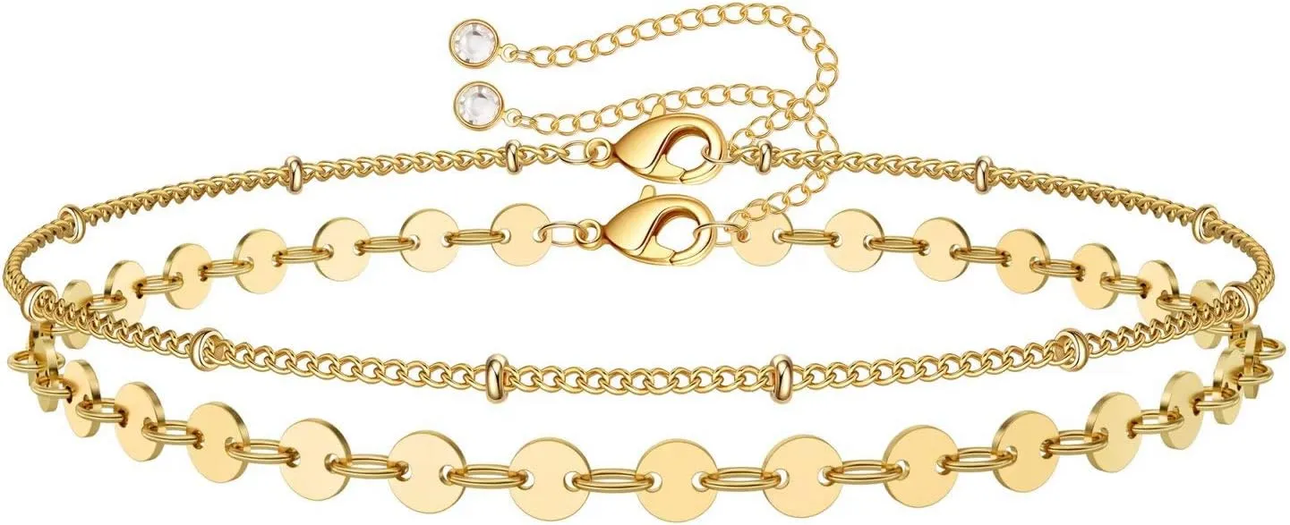 Dainty Gold Bracelets for Women, 14K Gold Plated Adjustable Layered Bracelet Cute Evil Eye Oval Chain Pearl Bar Turtle Gold Bracelets for Women Jewelry