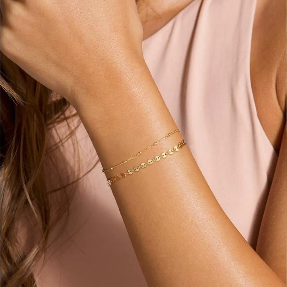 Dainty Gold Bracelets for Women, 14K Gold Plated Adjustable Layered Bracelet Cute Evil Eye Oval Chain Pearl Bar Turtle Gold Bracelets for Women Jewelry