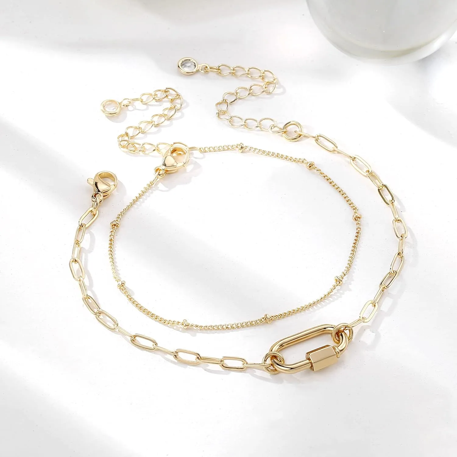 Dainty Gold Bracelets for Women, 14K Gold Plated Adjustable Layered Bracelet Cute Evil Eye Oval Chain Pearl Bar Turtle Gold Bracelets for Women Jewelry