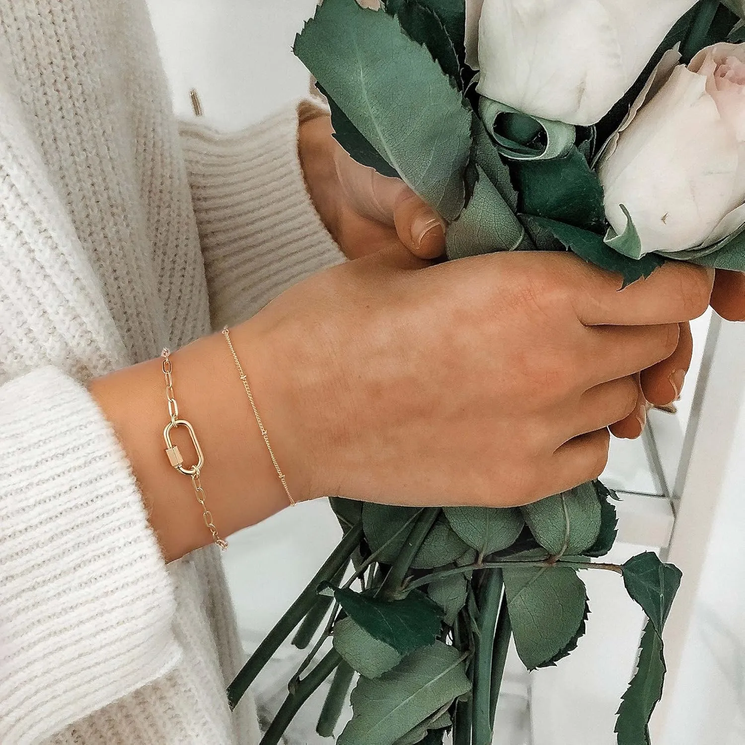 Dainty Gold Bracelets for Women, 14K Gold Plated Adjustable Layered Bracelet Cute Evil Eye Oval Chain Pearl Bar Turtle Gold Bracelets for Women Jewelry