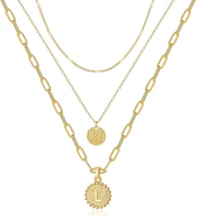 Dainty Gold Layered Initial Necklaces for Women, Adjustable Layering Choker Necklaces Set Multilayer Disc Pendant Paperlip Chain Necklaces Long Layered Necklace for Women