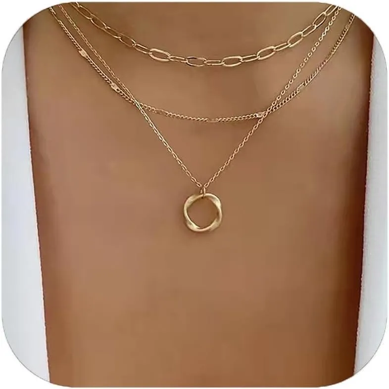 Dainty Gold Layered Necklaces for Women 14k Gold Chain Necklaces Geometric Circle Pendant Necklace Simple Stackable Pendant Necklaces Paperclip Chain Gold Choker Necklaces Gold Jewelry