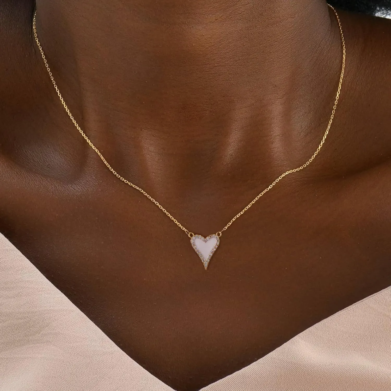 Dainty Heart Necklace for Women, 14k Gold Plated/Rose Gold/Silver Tiny Cute Heart Pendant Necklace Minimalist Choker CZ Necklace Jewelry Gifts for Women