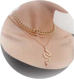 Dcfywl731 Chunky Snake Necklace Layered Gold Snake Pendant Necklaces Multilayer Chunky Chain Necklace Dainty Layering Choker Necklace Jewelry