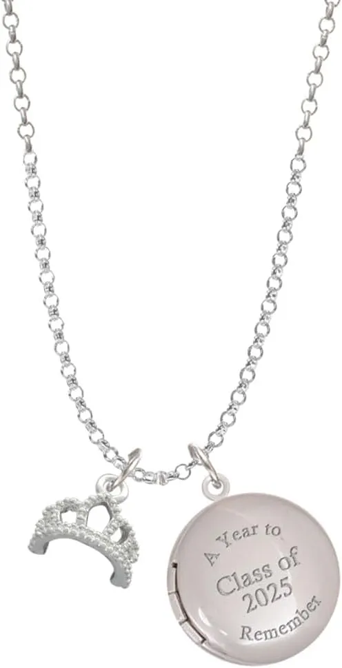 Delight Jewelry Silvertone Princess Tiara Class of 2025 Year to Remember Locket Charm Necklace, 19 2" Extender