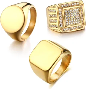 Dochais 3PCS Men's & Women's Signet Rings - 14K Gold Plated & Stainless Steel Iced Out Rings