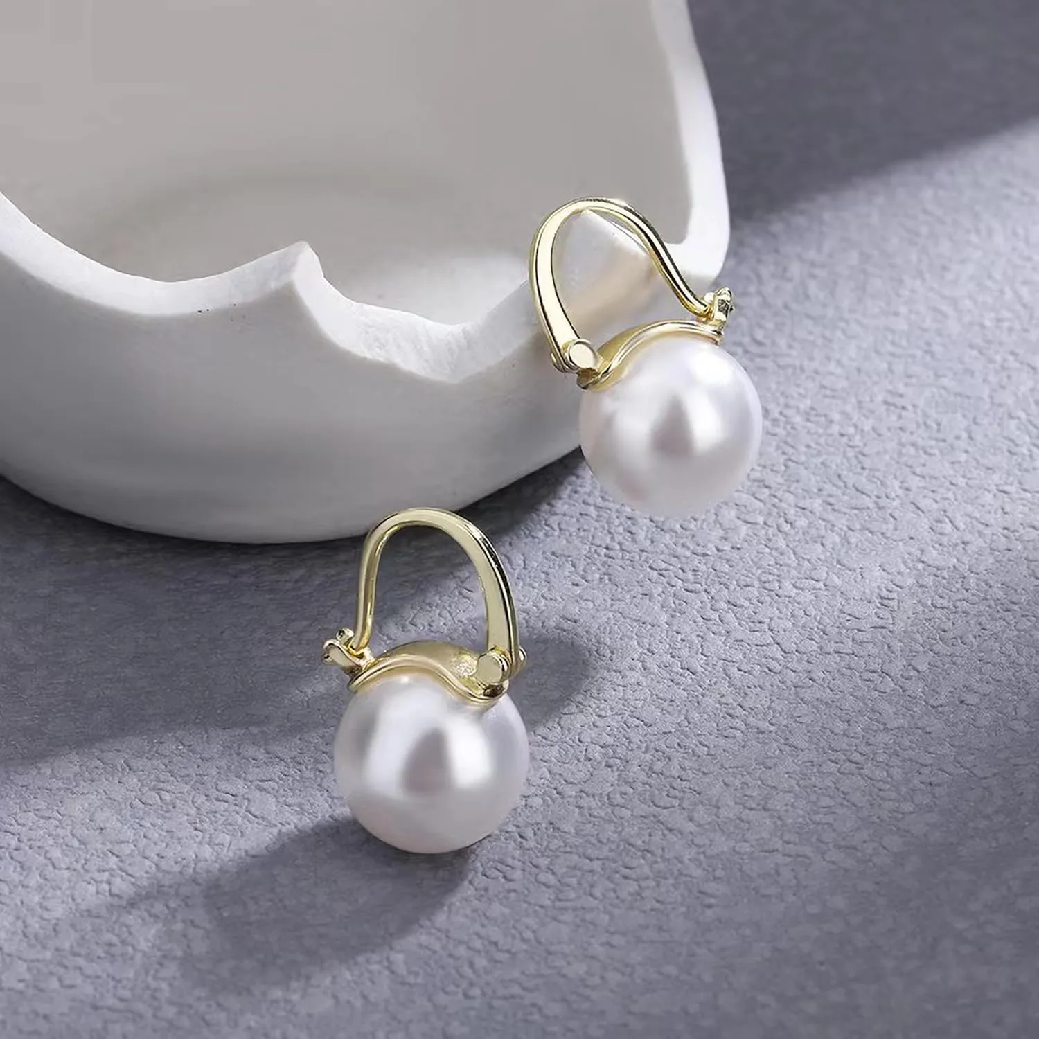 Double Bead Pearl Earrings for Women 925 Sterling Silver Gold Big Pearl Lightweight Ball Stud Earrings Trendy Dangle Drop Earring Bridal Wedding Jewelry Birthday Christmas Gift for Her