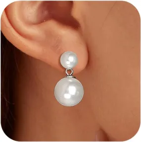 Double Bead Pearl Earrings for Women 925 Sterling Silver Gold Big Pearl Lightweight Ball Stud Earrings Trendy Dangle Drop Earring Bridal Wedding Jewelry Birthday Christmas Gift for Her