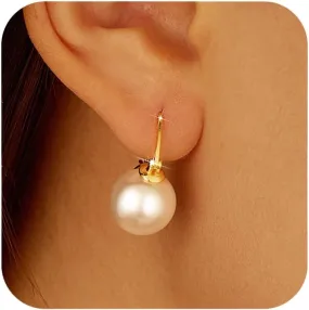 Double Bead Pearl Earrings for Women 925 Sterling Silver Gold Big Pearl Lightweight Ball Stud Earrings Trendy Dangle Drop Earring Bridal Wedding Jewelry Birthday Christmas Gift for Her