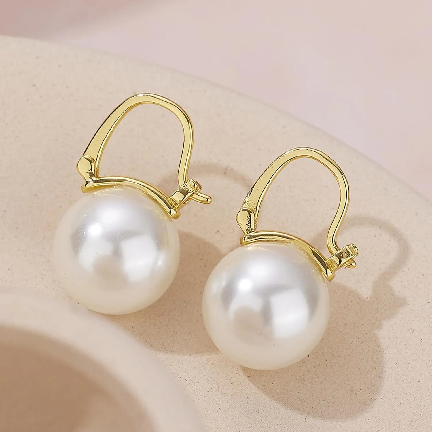 Double Bead Pearl Earrings for Women 925 Sterling Silver Gold Big Pearl Lightweight Ball Stud Earrings Trendy Dangle Drop Earring Bridal Wedding Jewelry Birthday Christmas Gift for Her