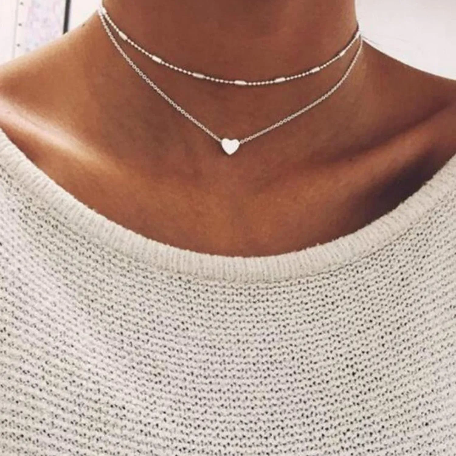 Double Layered Choker for Women Heart Pendant Necklace Classic Clavicle Chain (Silver, One Size)