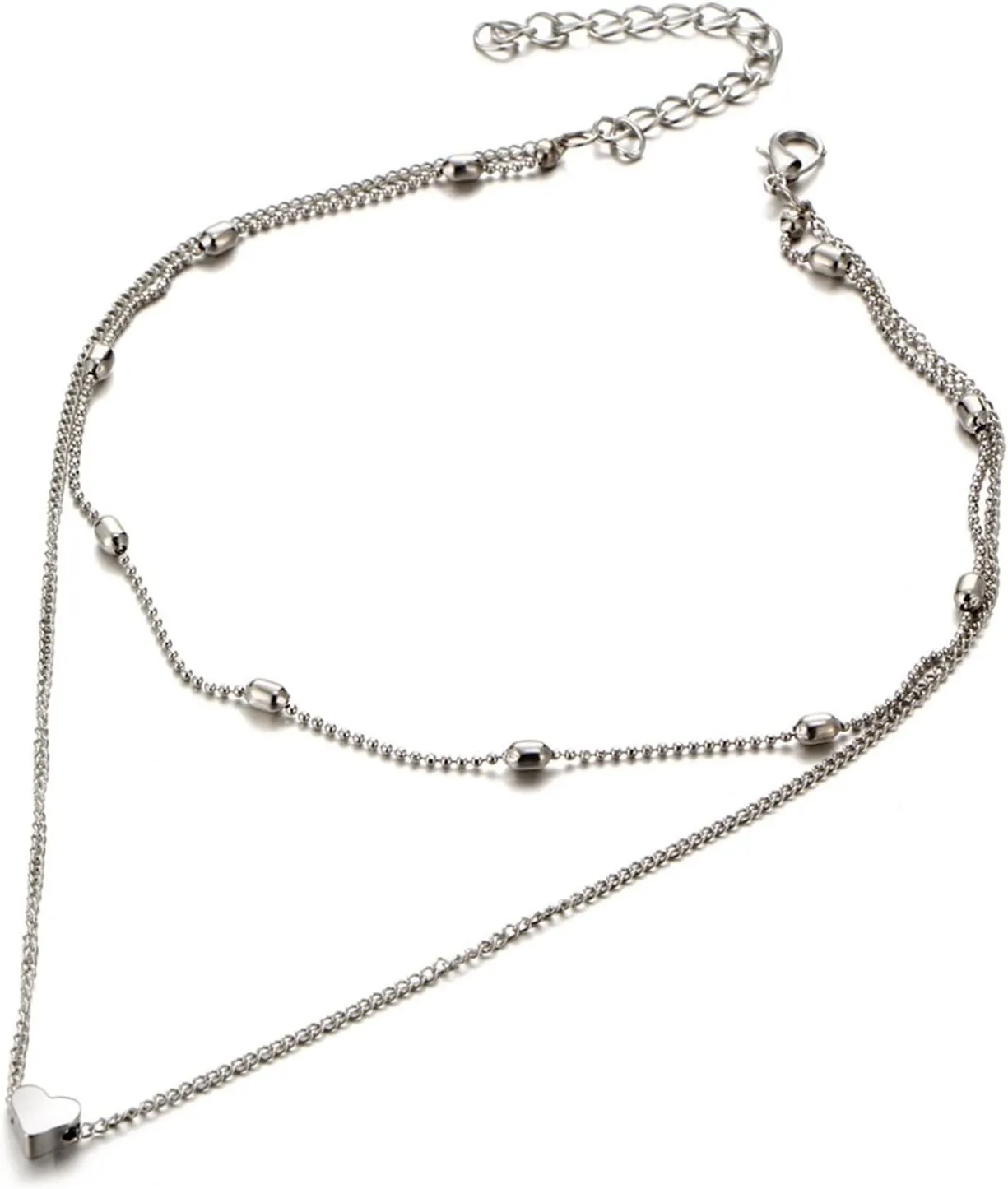 Double Layered Choker for Women Heart Pendant Necklace Classic Clavicle Chain (Silver, One Size)