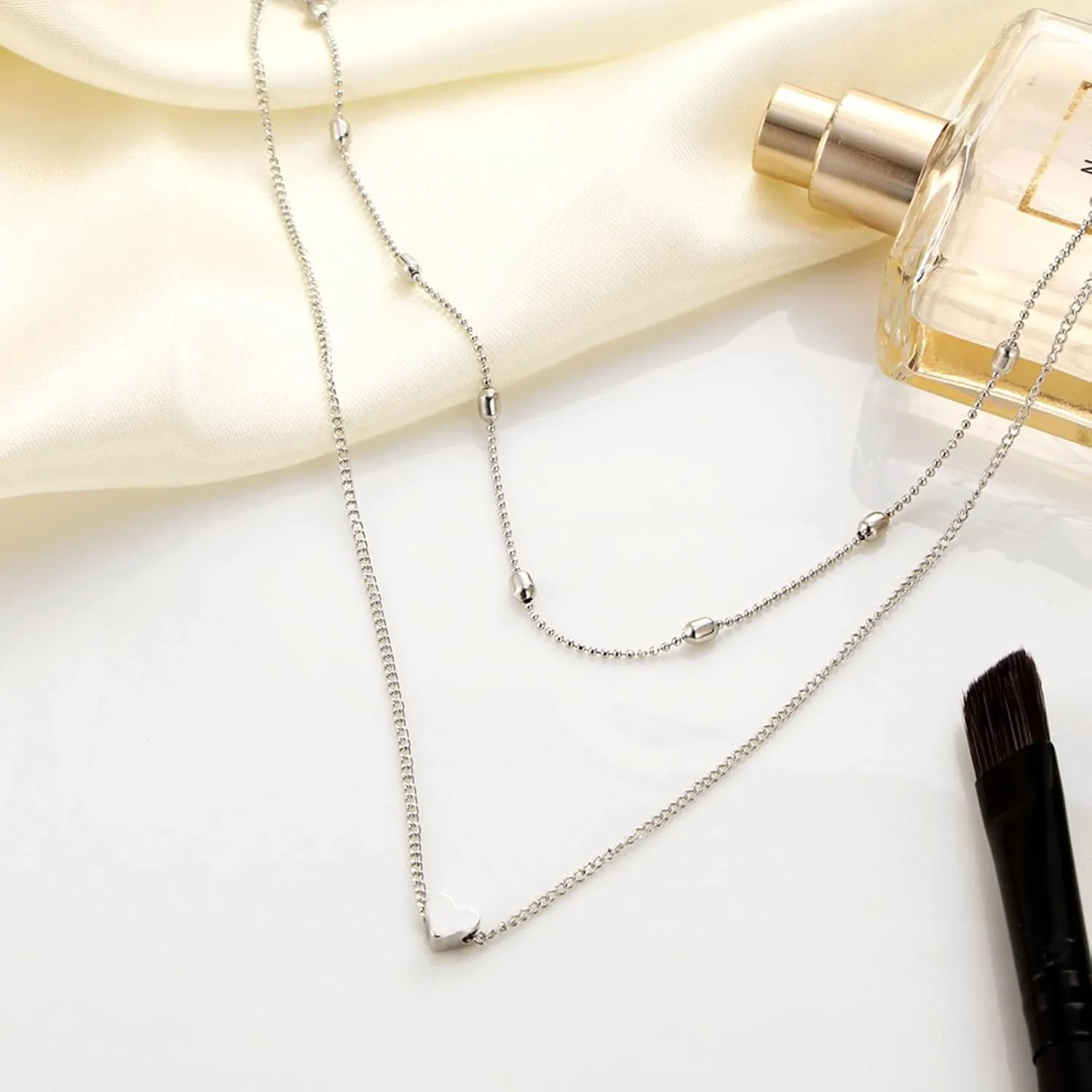 Double Layered Choker for Women Heart Pendant Necklace Classic Clavicle Chain (Silver, One Size)