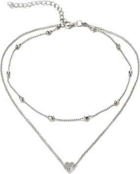 Double Layered Choker for Women Heart Pendant Necklace Classic Clavicle Chain (Silver, One Size)