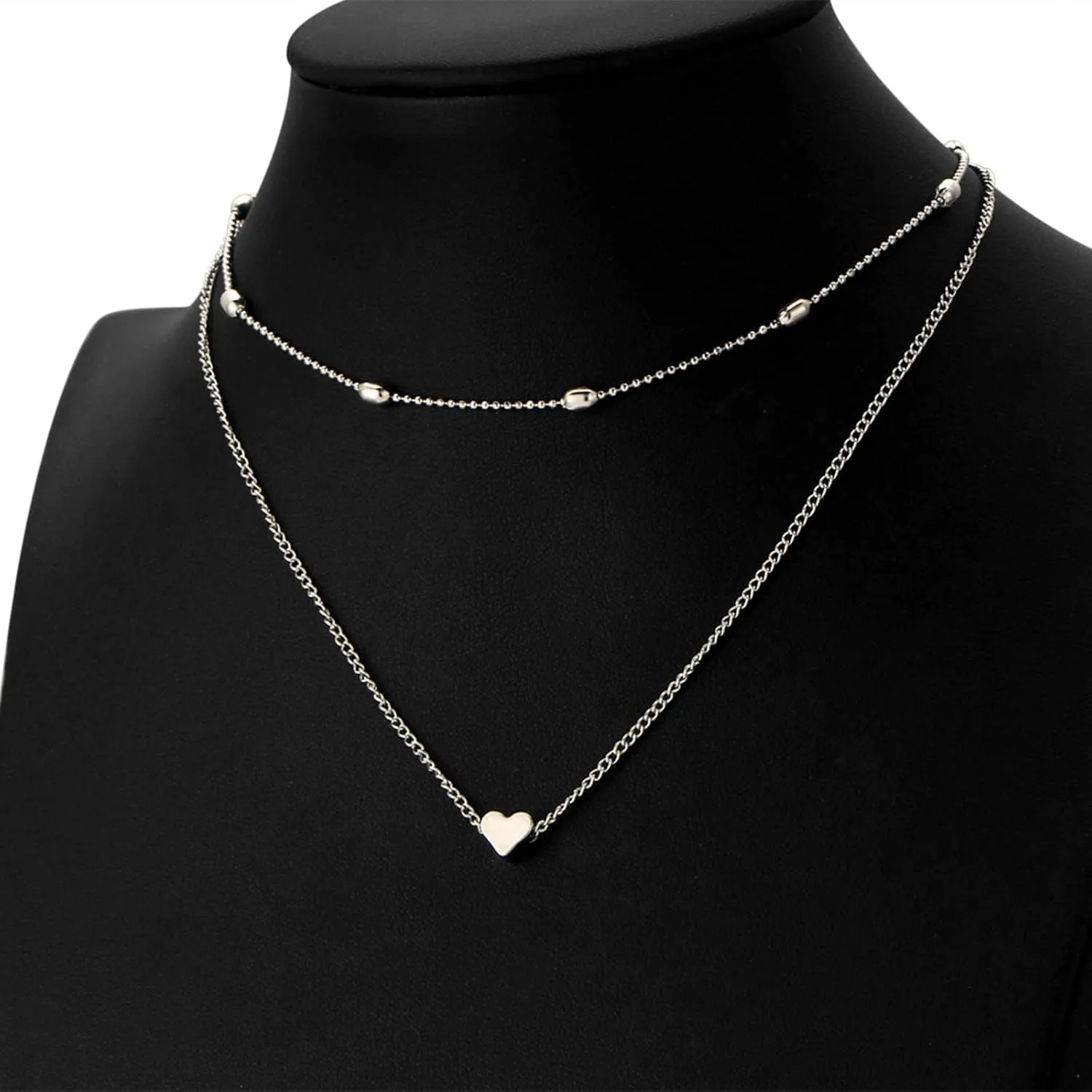 Double Layered Choker for Women Heart Pendant Necklace Classic Clavicle Chain (Silver, One Size)