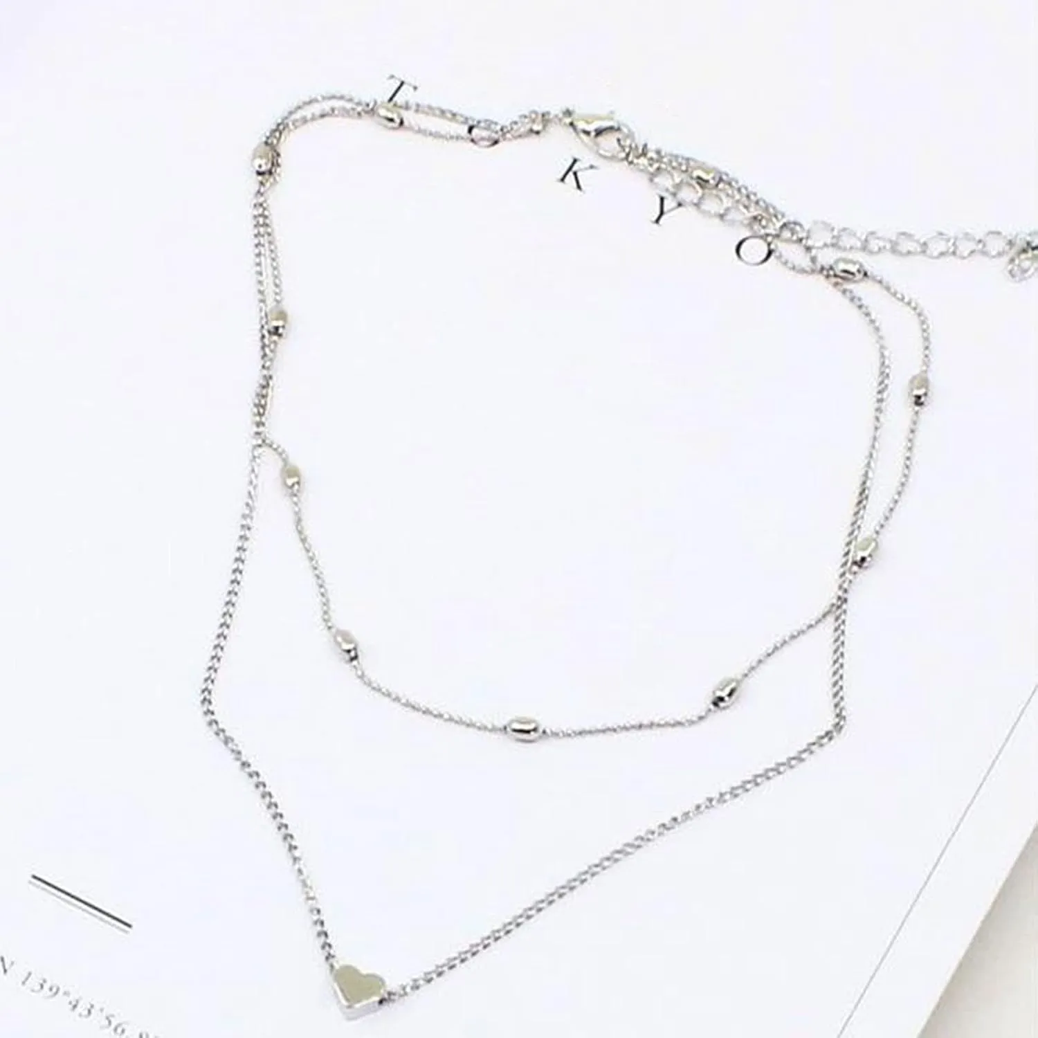 Double Layered Choker for Women Heart Pendant Necklace Classic Clavicle Chain (Silver, One Size)