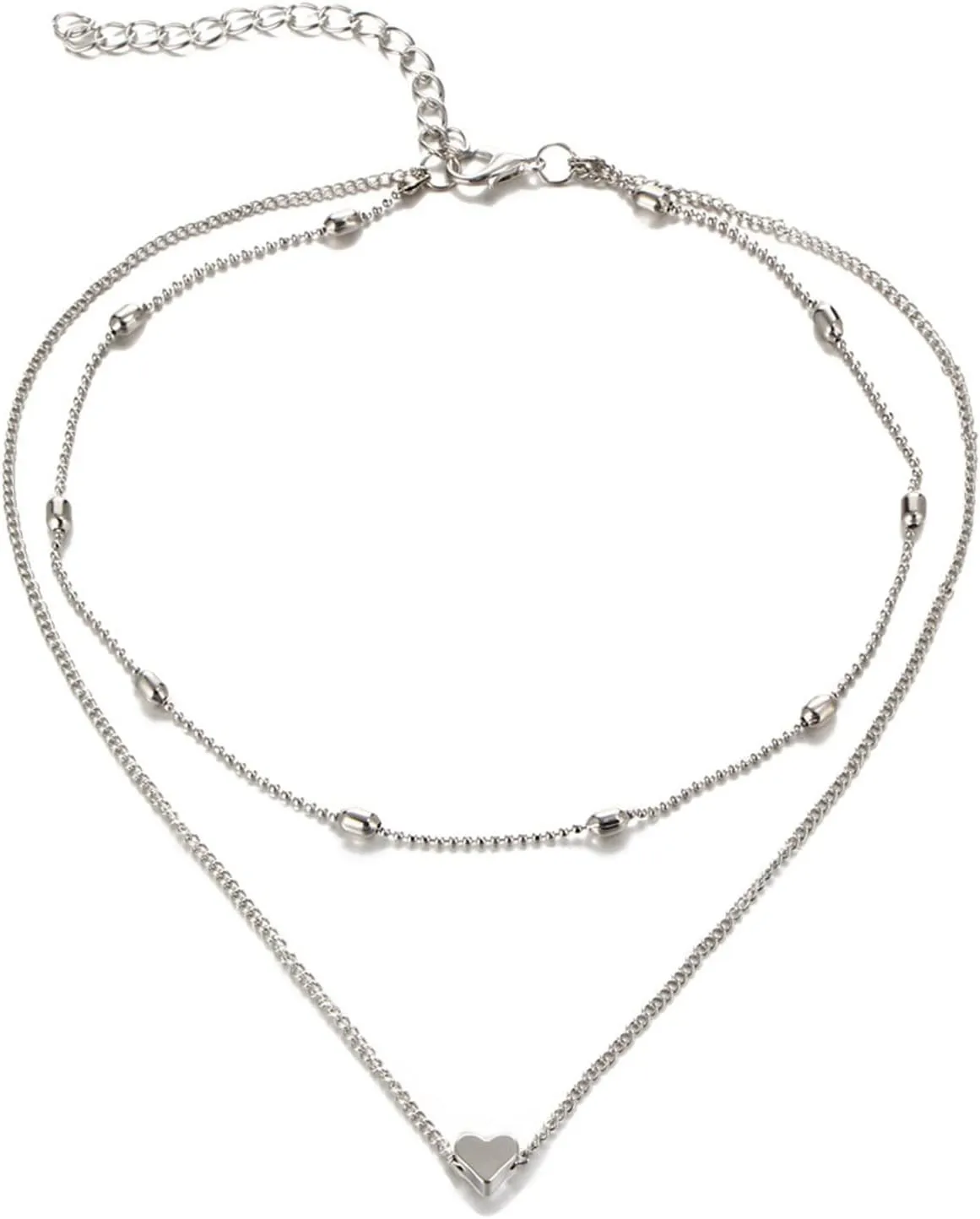 Double Layered Choker for Women Heart Pendant Necklace Classic Clavicle Chain (Silver, One Size)