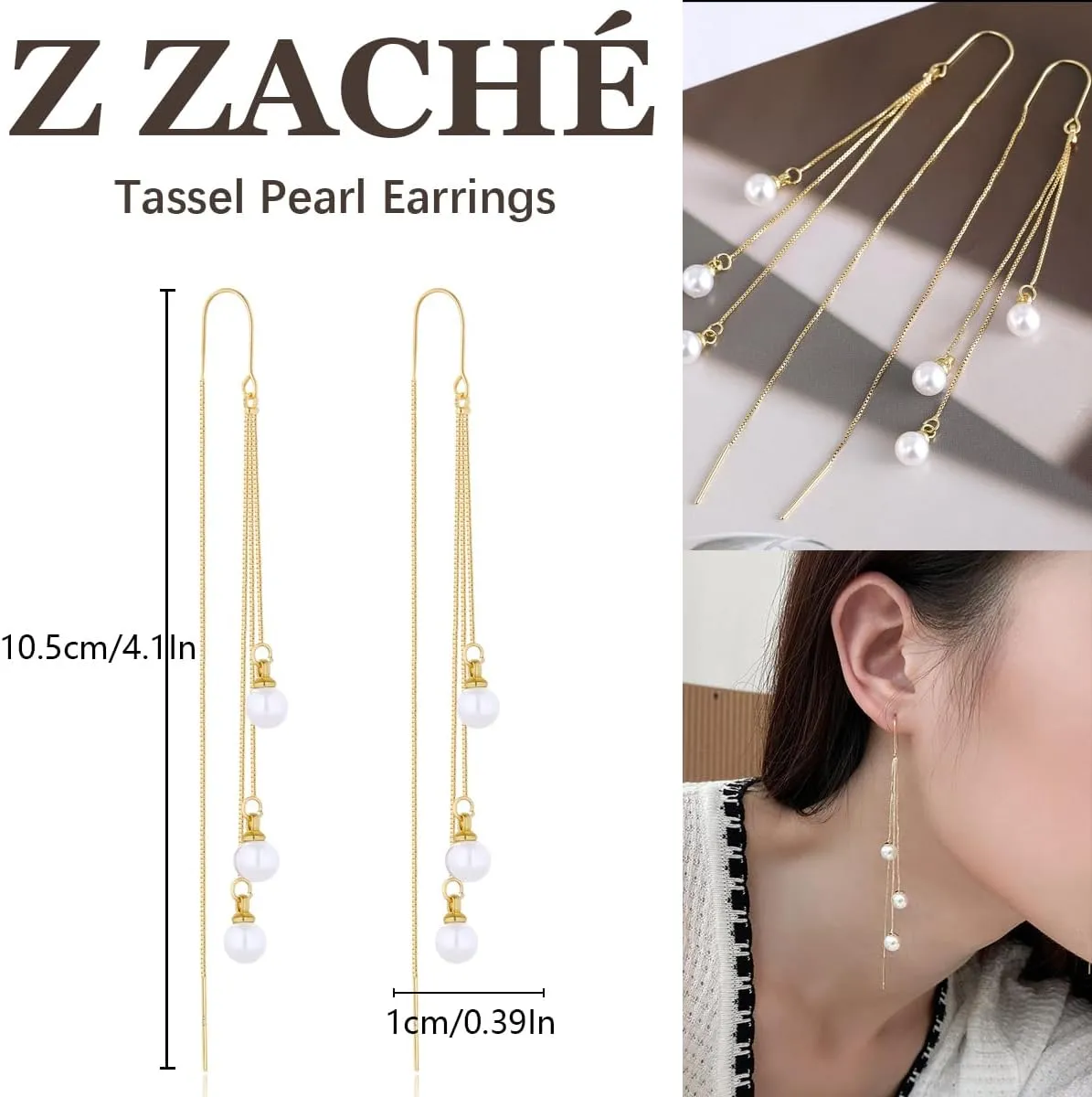Drop Pearl Earrings, Long Tassel Pearl Chain Stud Earrings, Hypoallergenic, Wedding Earrings for Women