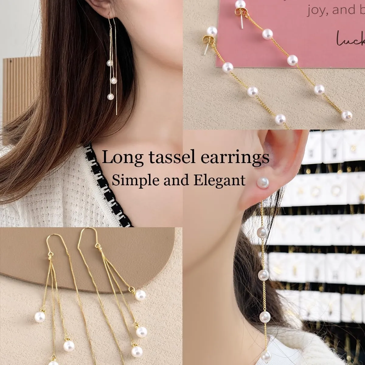 Drop Pearl Earrings, Long Tassel Pearl Chain Stud Earrings, Hypoallergenic, Wedding Earrings for Women