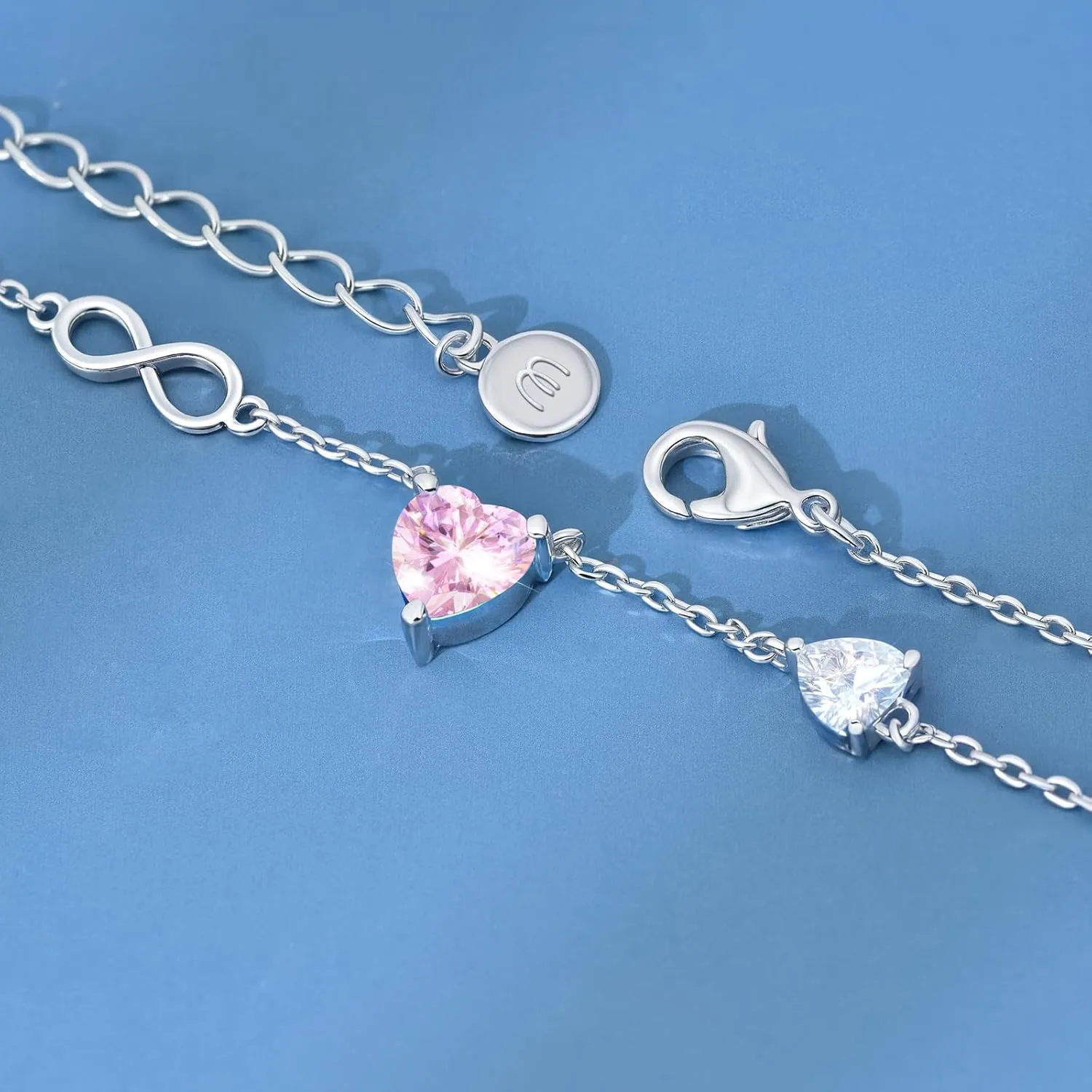 E 14K White Gold Plated Heart Necklaces For Women, Infinity Silver Necklace With Double Love Heart, Women'S Crystal CZ Pendant Necklace, Dainty Choker Cute Charm Jewelry Gifts for Her Mom Wife
