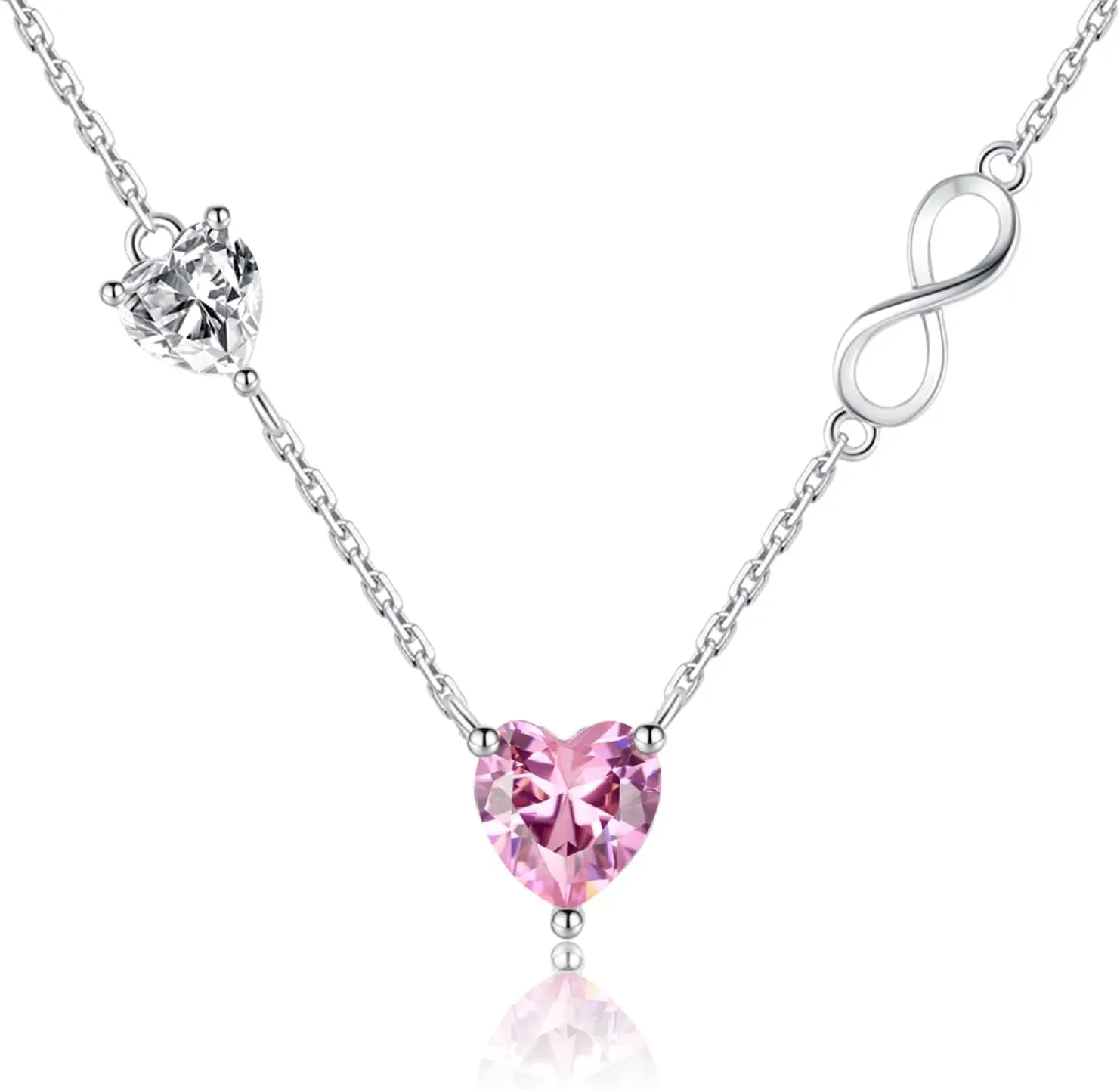 E 14K White Gold Plated Heart Necklaces For Women, Infinity Silver Necklace With Double Love Heart, Women'S Crystal CZ Pendant Necklace, Dainty Choker Cute Charm Jewelry Gifts for Her Mom Wife
