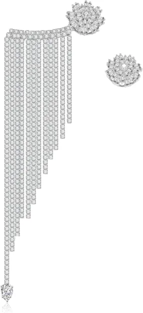 Ear Crawler Climber Earrings for Women - Sparkly Elegant Cubic Zirconia Adjustable Cuff Wrap Pierced Rhinestone Stud Set - Hypoallergenic Cartilage Jewelry (Silver 1)