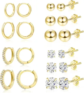 Earring Sets for Multiple Piercing | 14K Gold Plated Studs Earrings and Hoops Set Hypoallergenic Small Hoop CZ Ball Studs Earrings for Women Girls6 Pairs