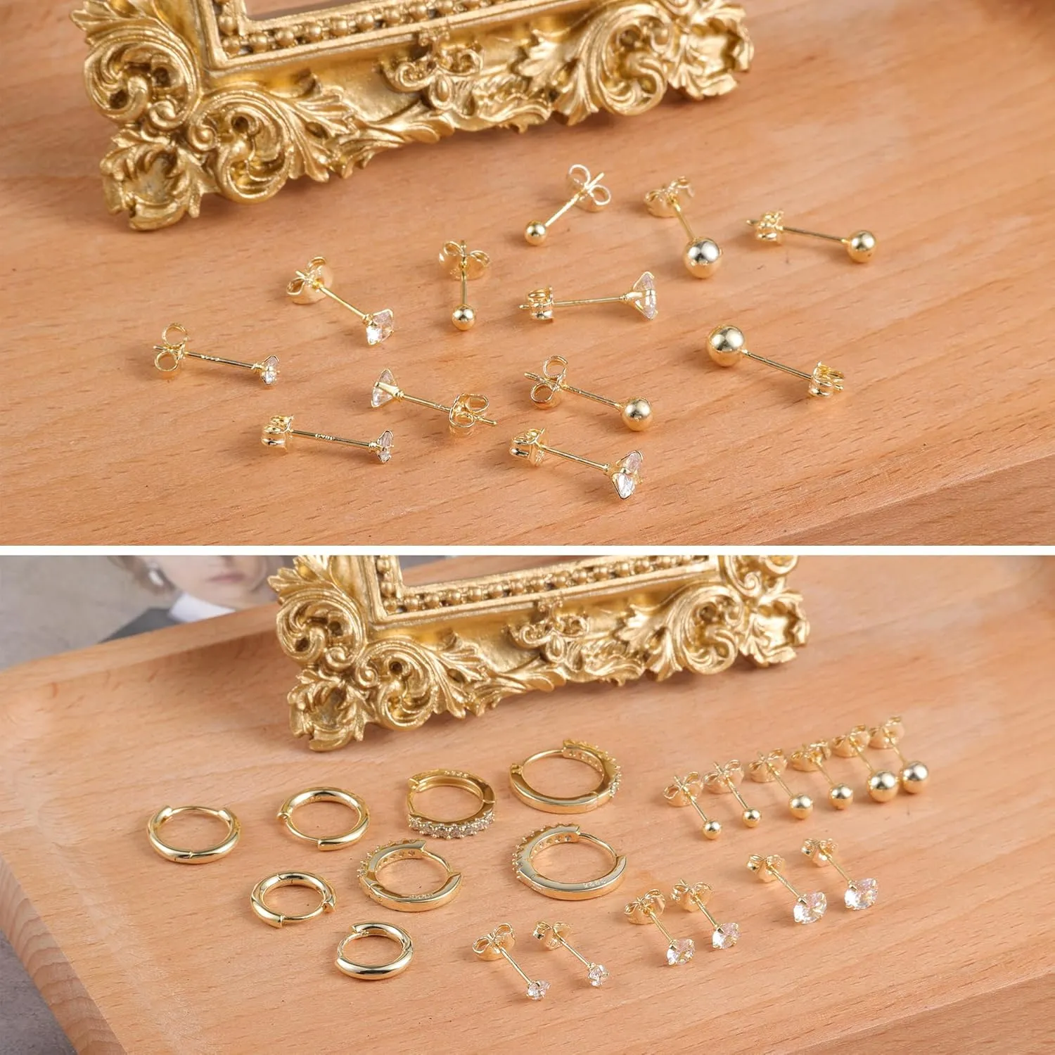 Earring Sets for Multiple Piercing | 14K Gold Plated Studs Earrings and Hoops Set Hypoallergenic Small Hoop CZ Ball Studs Earrings for Women Girls6 Pairs