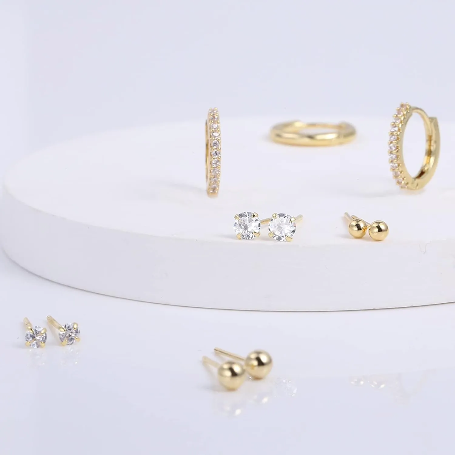 Earring Sets for Multiple Piercing | 14K Gold Plated Studs Earrings and Hoops Set Hypoallergenic Small Hoop CZ Ball Studs Earrings for Women Girls6 Pairs