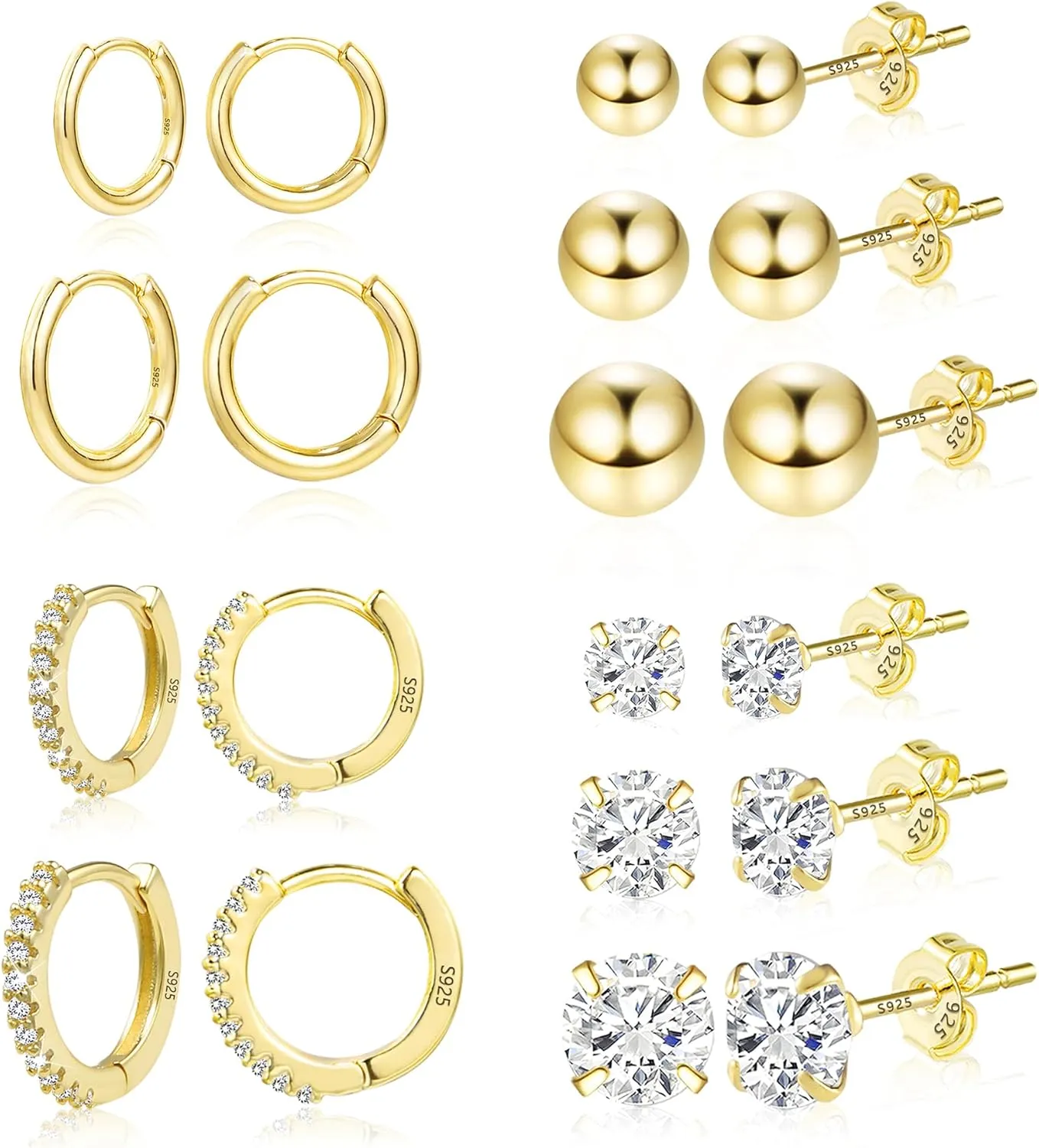Earring Sets for Multiple Piercing | 14K Gold Plated Studs Earrings and Hoops Set Hypoallergenic Small Hoop CZ Ball Studs Earrings for Women Girls6 Pairs