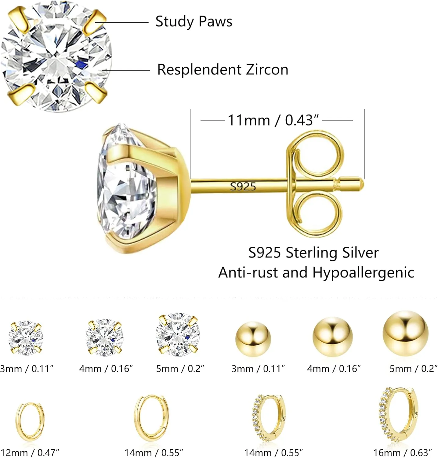 Earring Sets for Multiple Piercing | 14K Gold Plated Studs Earrings and Hoops Set Hypoallergenic Small Hoop CZ Ball Studs Earrings for Women Girls6 Pairs