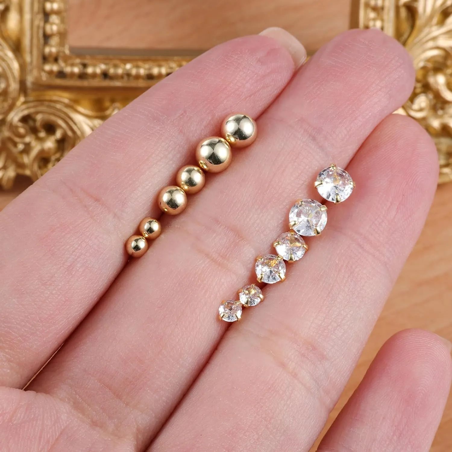 Earring Sets for Multiple Piercing | 14K Gold Plated Studs Earrings and Hoops Set Hypoallergenic Small Hoop CZ Ball Studs Earrings for Women Girls6 Pairs