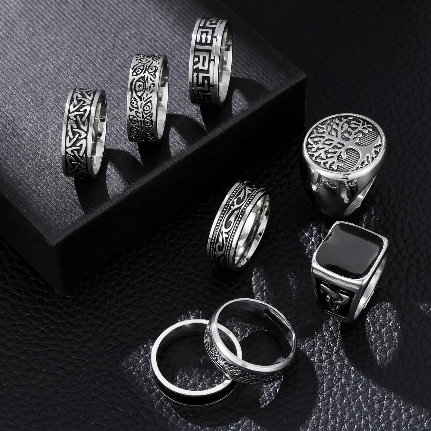 EIELO 8Pcs Stainless Steel Vintage Rings for Men Greek Signet Thumb Silver Retro Carving Celtic Band Rings Vintage Biker Band Rings Set Edge Mens Rings Jewelry