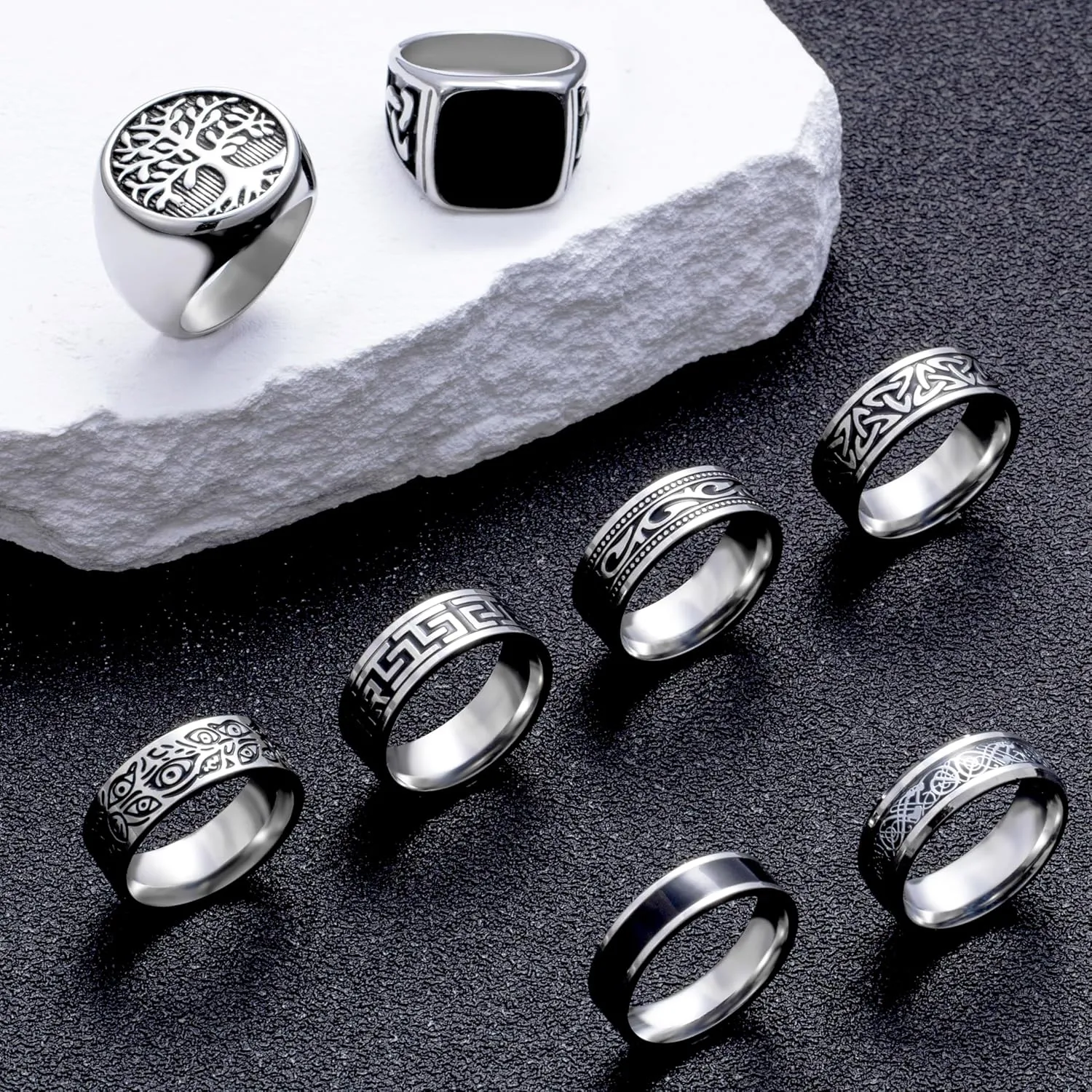 EIELO 8Pcs Stainless Steel Vintage Rings for Men Greek Signet Thumb Silver Retro Carving Celtic Band Rings Vintage Biker Band Rings Set Edge Mens Rings Jewelry