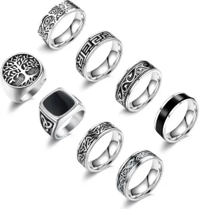 EIELO 8Pcs Stainless Steel Vintage Rings for Men Greek Signet Thumb Silver Retro Carving Celtic Band Rings Vintage Biker Band Rings Set Edge Mens Rings Jewelry