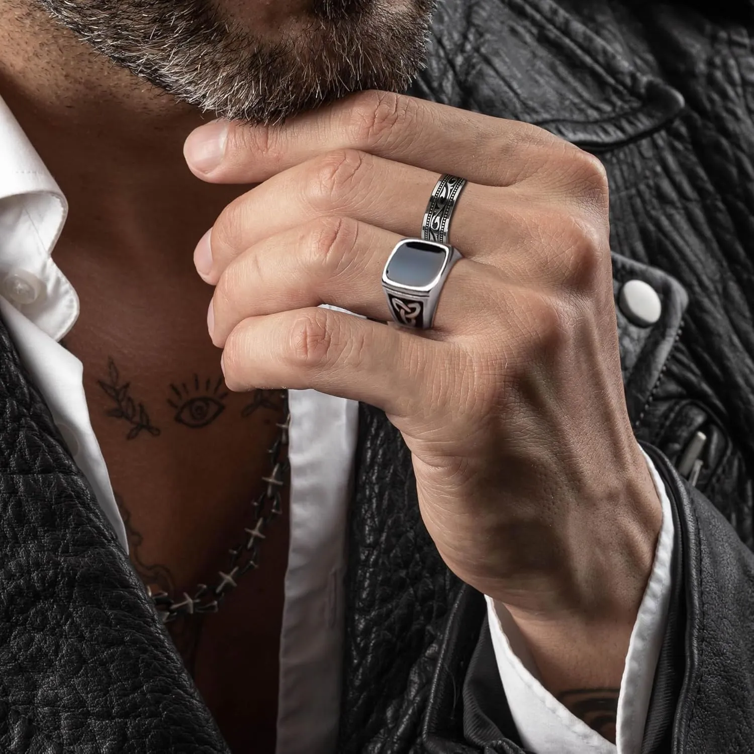 EIELO 8Pcs Stainless Steel Vintage Rings for Men Greek Signet Thumb Silver Retro Carving Celtic Band Rings Vintage Biker Band Rings Set Edge Mens Rings Jewelry