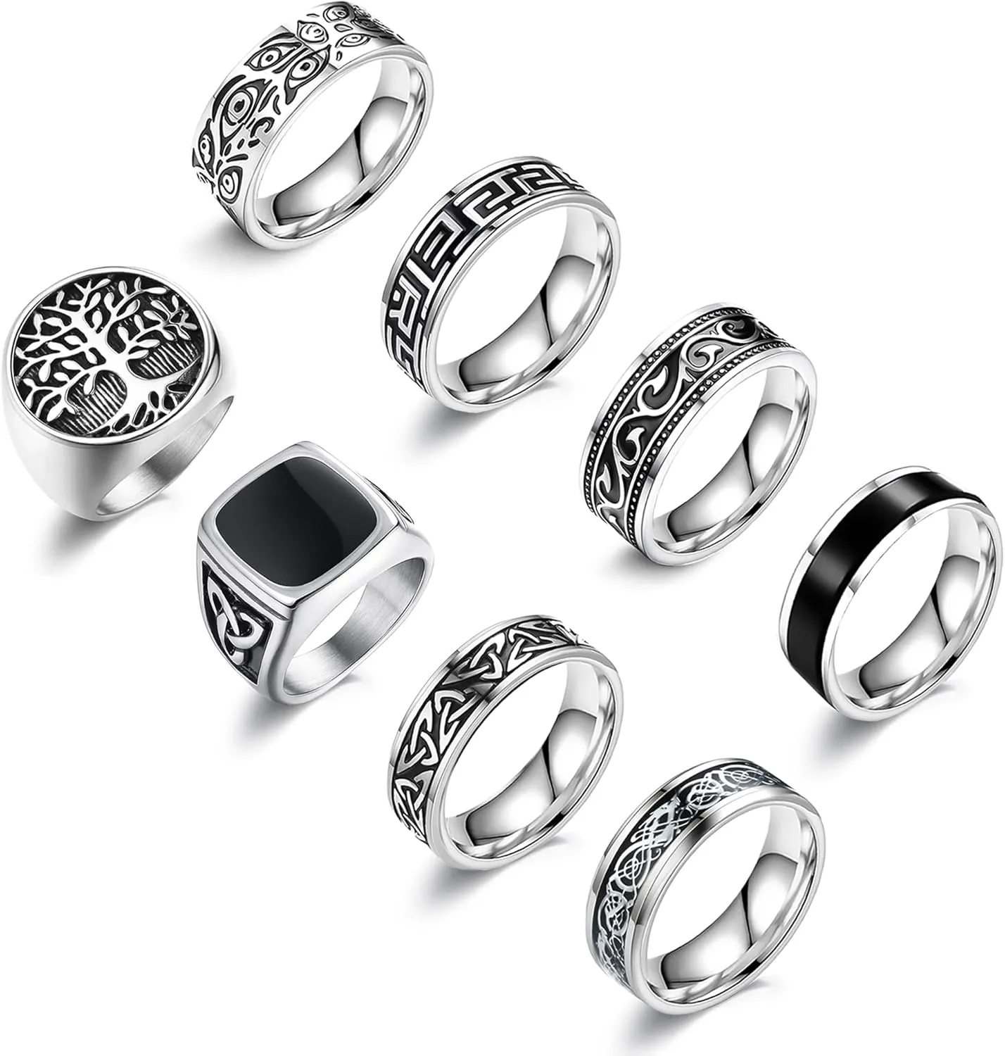EIELO 8Pcs Stainless Steel Vintage Rings for Men Greek Signet Thumb Silver Retro Carving Celtic Band Rings Vintage Biker Band Rings Set Edge Mens Rings Jewelry