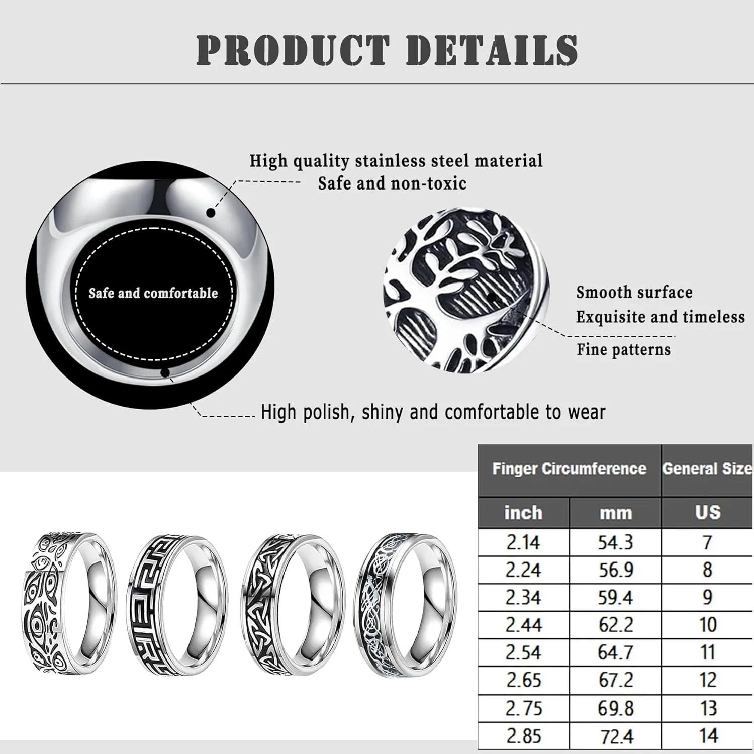 EIELO 8Pcs Stainless Steel Vintage Rings for Men Greek Signet Thumb Silver Retro Carving Celtic Band Rings Vintage Biker Band Rings Set Edge Mens Rings Jewelry