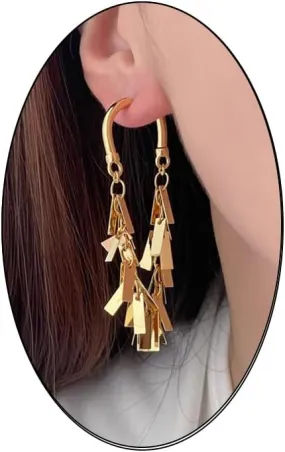Eioi & Lmnm Gold Metal Sheet Long Tassel Hoop Earrings, 14K Gold Plated Tassel Dangle Earrings, Hypoallergenic Metal Chandelier Earrings, Trendy Tassel Drop Earrings, Jewelry Gift for Her(A)