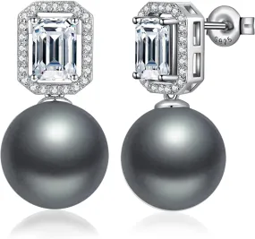Elegant Pearl Diamond Stud Earrings for Women, 925 Sterling Silver & 18K White Gold Plated Cubic Zirconia Large Pearl Earring Jewelry 12MM