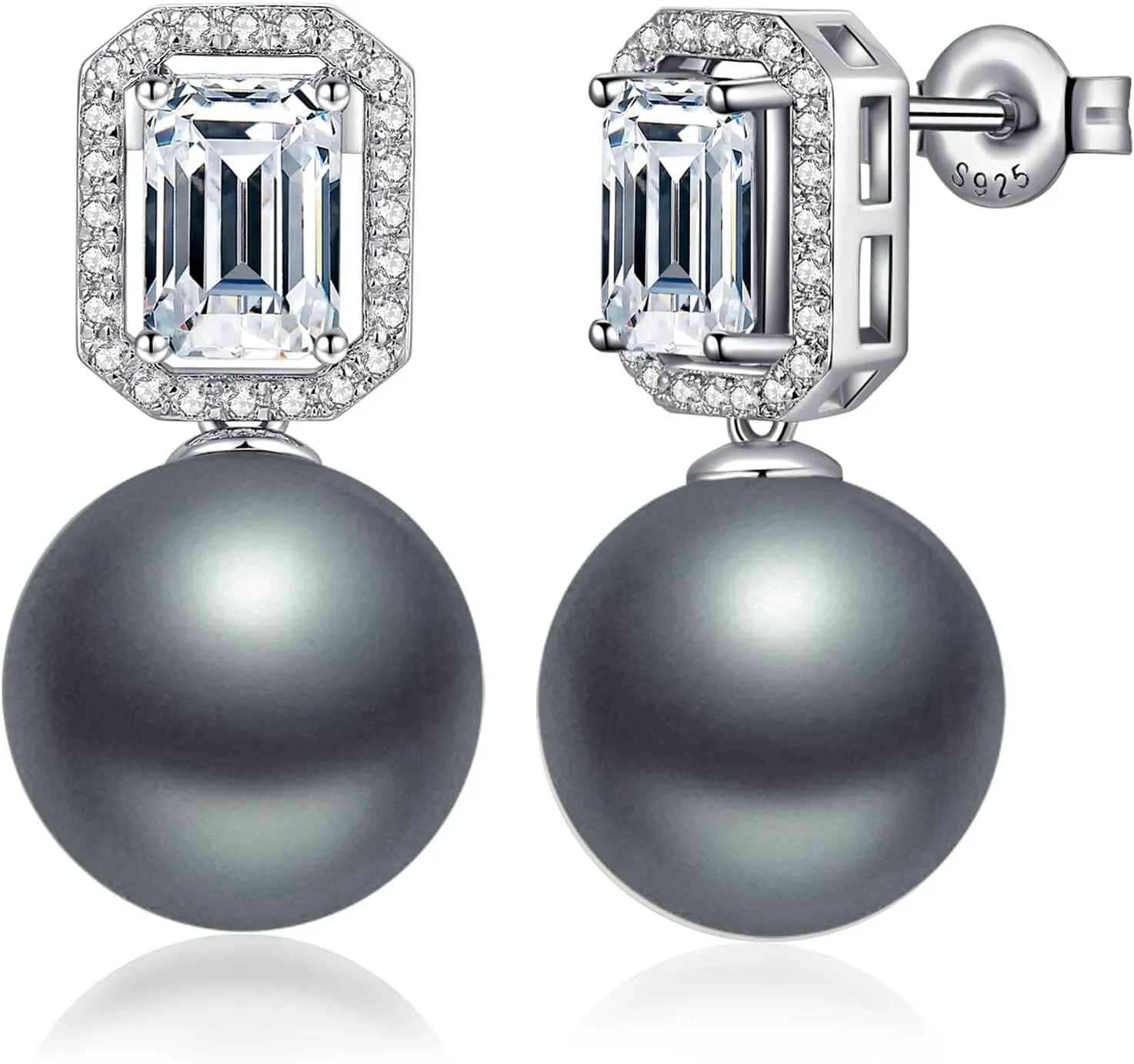 Elegant Pearl Diamond Stud Earrings for Women, 925 Sterling Silver & 18K White Gold Plated Cubic Zirconia Large Pearl Earring Jewelry 12MM