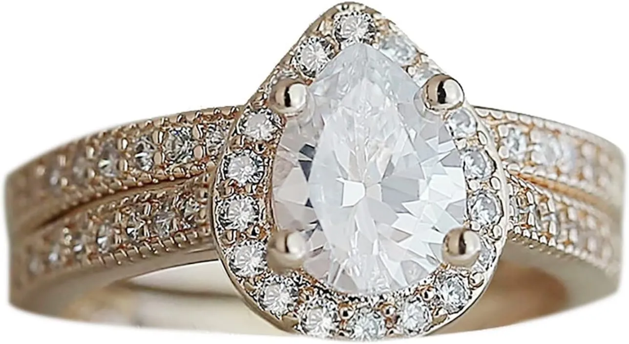 Elegant Women Engagement Rings Set Teardrop Shape Solitaire Inlaid Zircon Bridal Wedding Band Elegant Jewelry (Gold, 7)