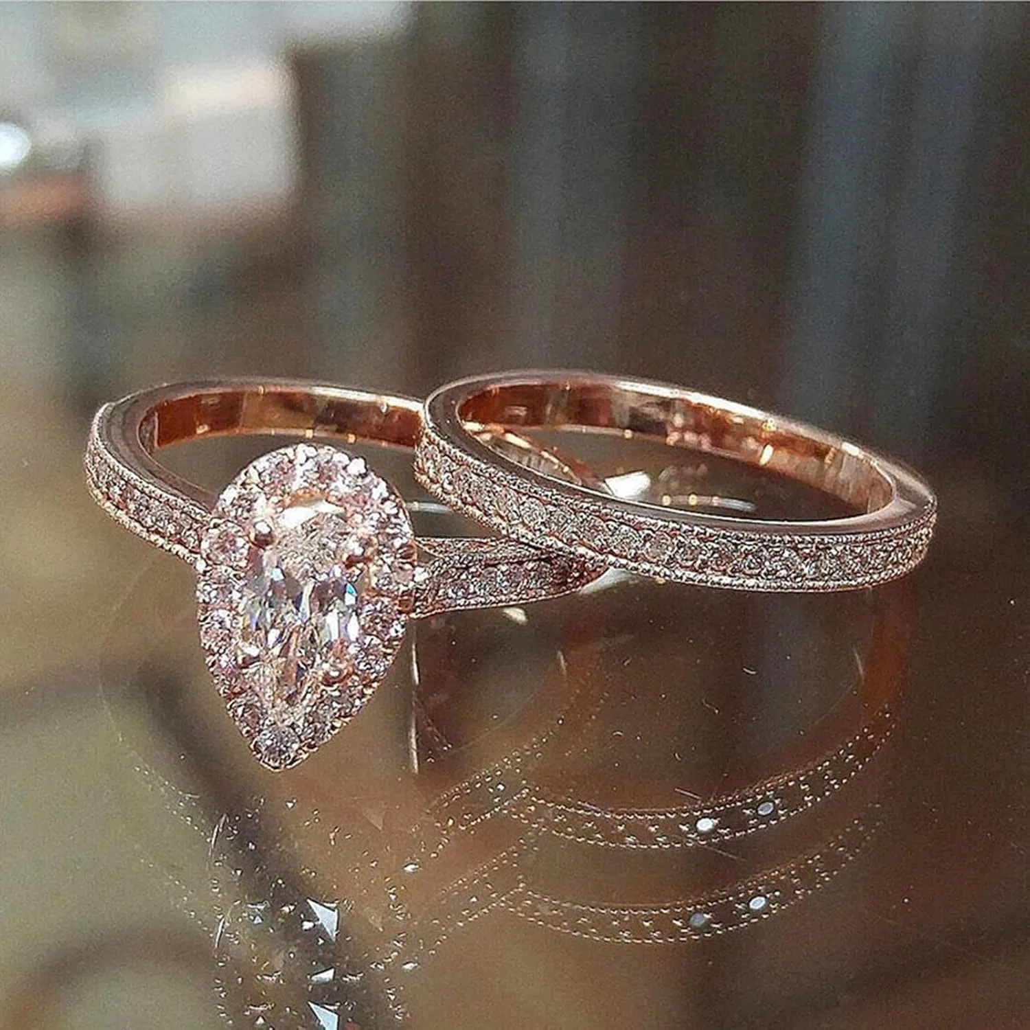 Elegant Women Engagement Rings Set Teardrop Shape Solitaire Inlaid Zircon Bridal Wedding Band Elegant Jewelry (Gold, 7)