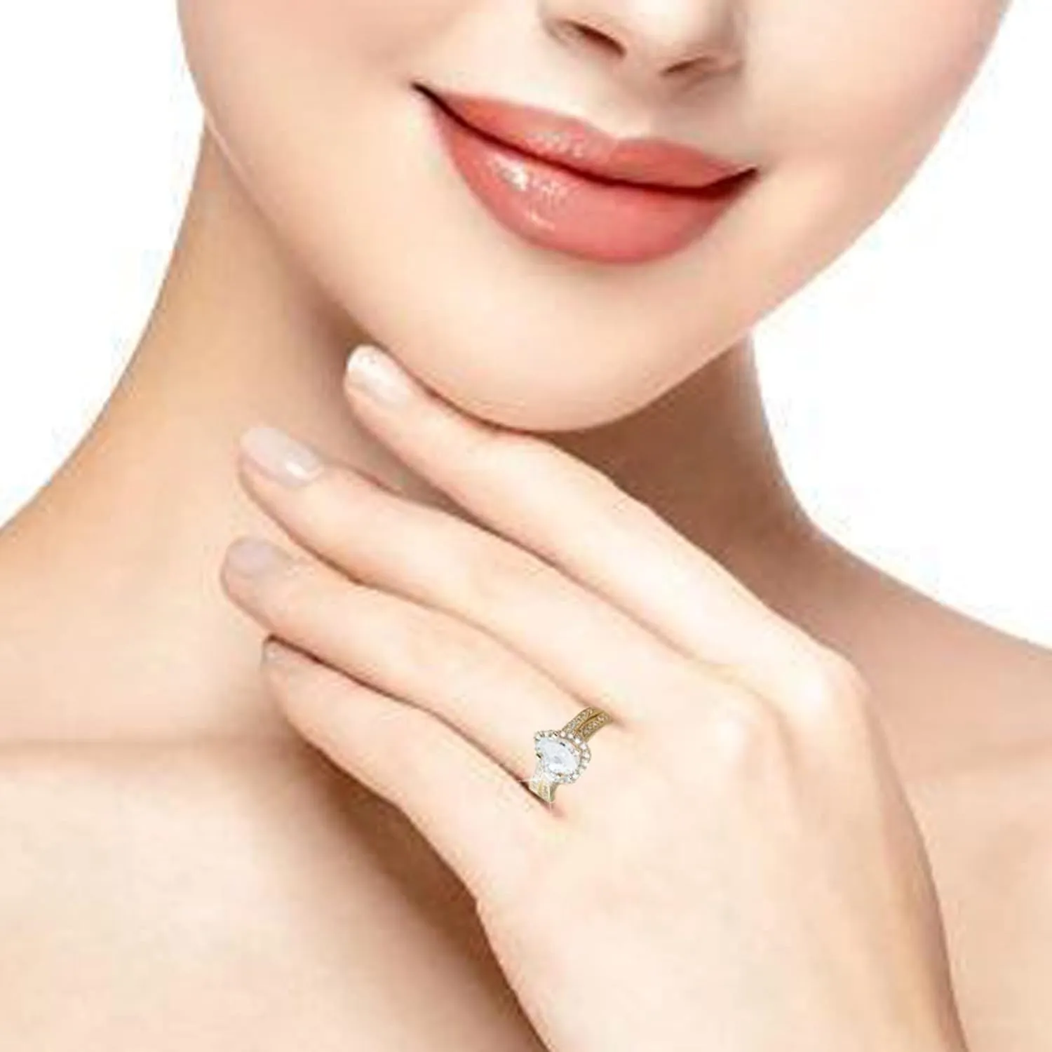 Elegant Women Engagement Rings Set Teardrop Shape Solitaire Inlaid Zircon Bridal Wedding Band Elegant Jewelry (Gold, 7)