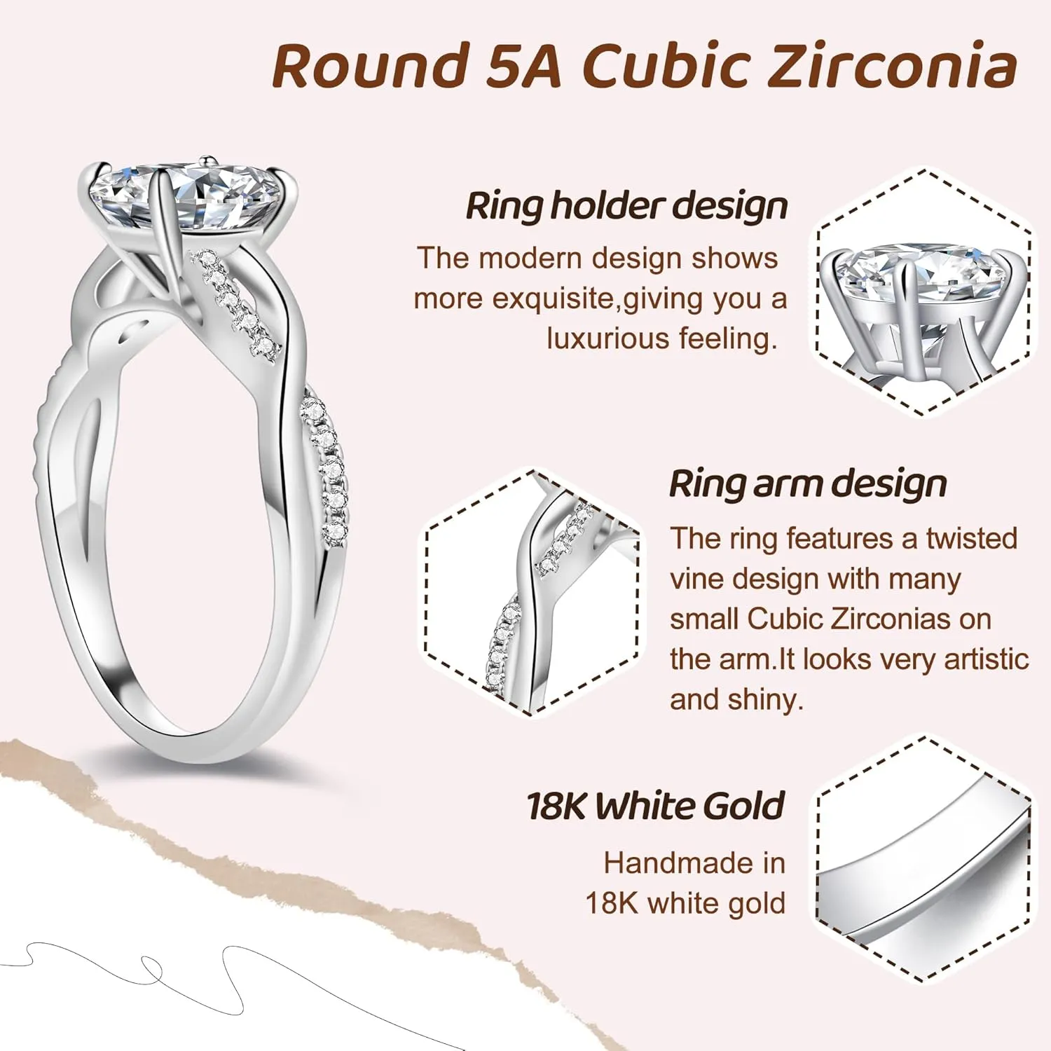 Engagement Rings for Women,925 Sterling Silver CZ Round Solitaire Engagement Ring with 18K Gold Plated,Promise Engagement Wedding Bands Couple Rings for Her 1.5/2/3/4/5CT