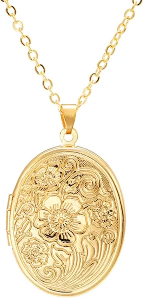 Engraved Flower Empaistic Geometric Photo Locket Necklace Gold Silver Plated Vintage Antiqued Carved Pattern Oval Round Hold Pictures Pendant Necklace for Men Women Souvenir Memorial Fashion Jewelry Gifts
