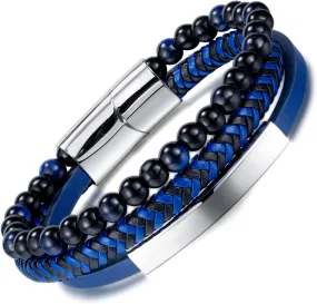 Eternal Beauty - Multi-Layered Beaded Bracelet with Stainless Steel Handmade Woven Leather Bracelet, Blue-Black Weaving Combined to Create Elegant Style